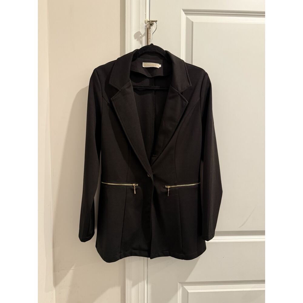 Classic Women’s Black Blazer with Gold Zipper Pockets L NWOT 100% Authentic